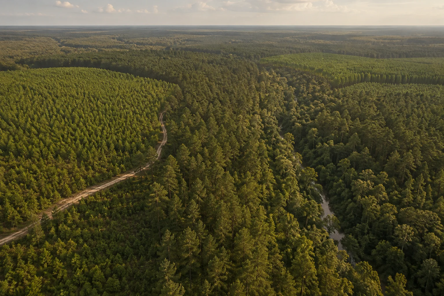 Illustrative aerial view of pine stands, a hardwood corridor and an access road across a large forest holding